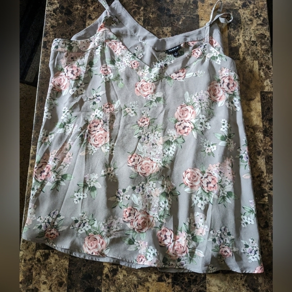 Torrid Gray Floral Blouse with Pink and Green Accents